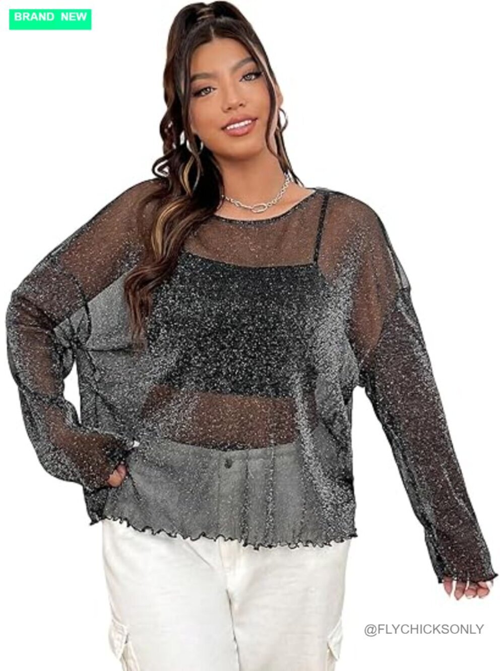 Plus Size Glitter Sheer Mesh Long Sleeve Drop Shoulder Loose Tee Shirt